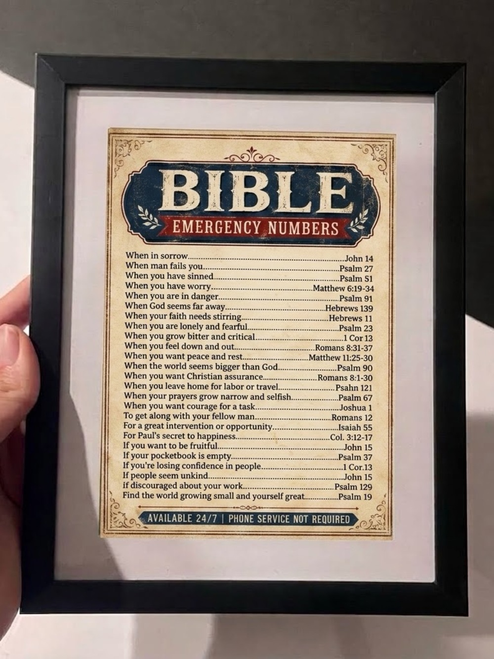 Bible Emergency Numbers Framed Art - vintage style , Christian art